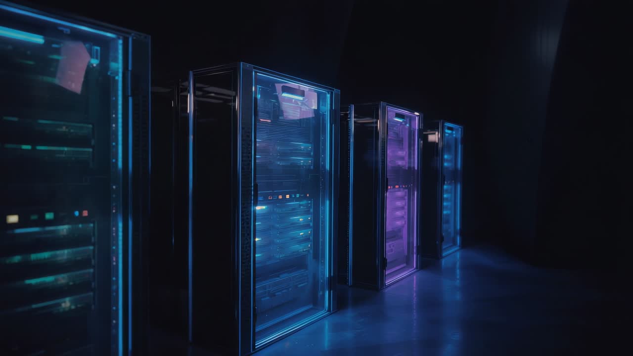 Starting camera gliding past illuminated cabinets in data center, showcasing blinking LEDs