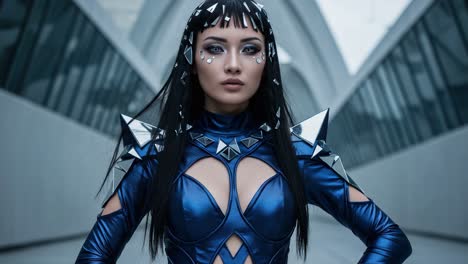 striking fashion display: a glamourous model showcases a unique futuristic costume with sharp geometric accents and reflective elements in a modern urban setting