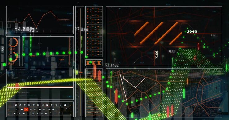 Animation of financial data processing over screens