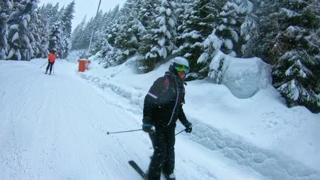 Skianfänger-Fahren-Vorsichtig-Bergab