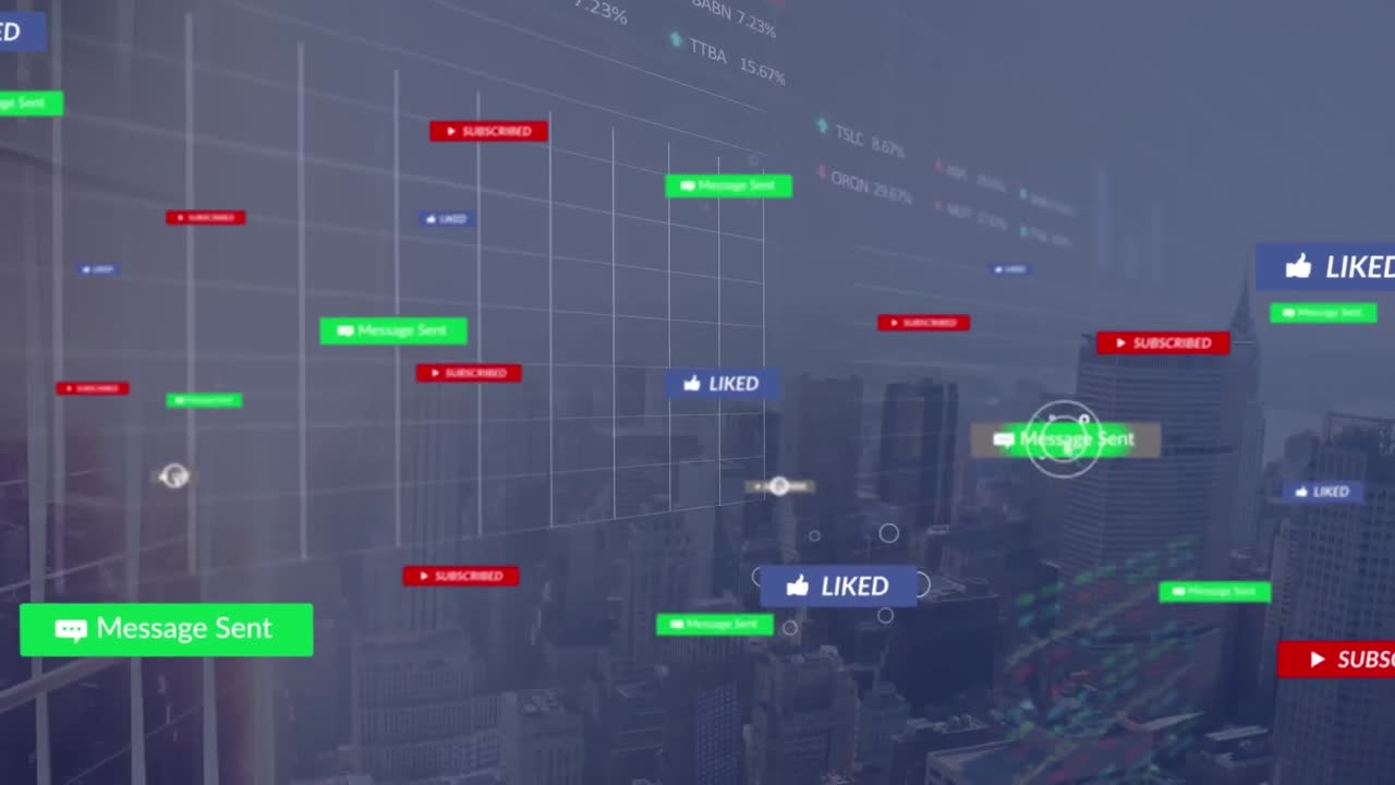 소셜 미디어 아이콘의 애니메이션, 도시 풍경에 대한 통계 및 주식 시장 데이터 처리