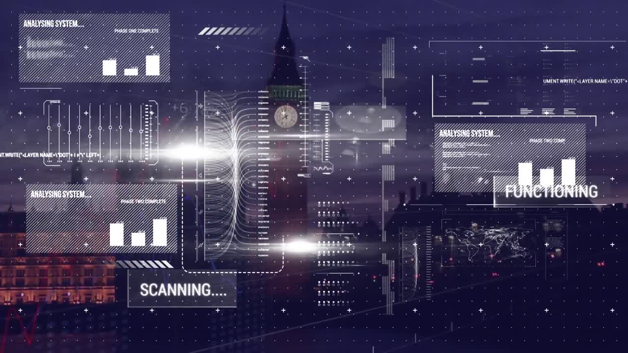 animación de pantalla digital con diversos datos y gráficos sobre el paisaje urbano nocturno borroso