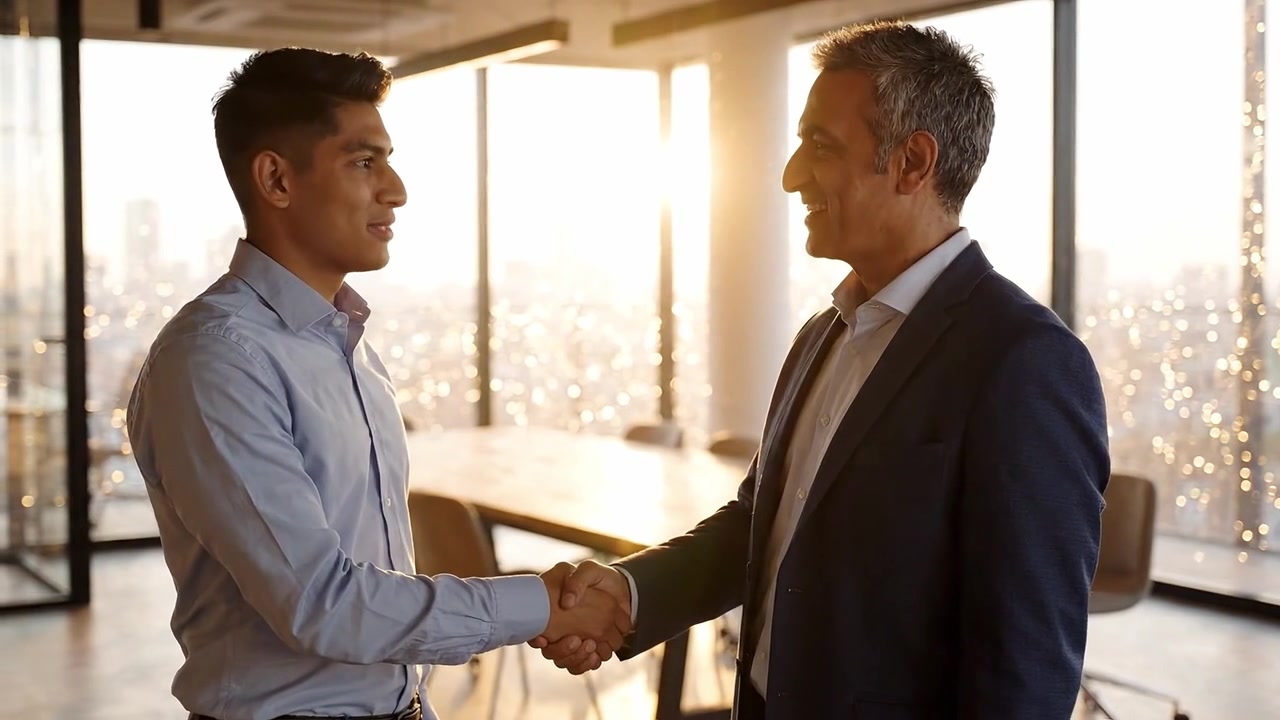 Due professionisti che si stringono la mano all'interno di un ufficio moderno con una vista mozzafiato del tramonto su uno skyline cittadino durante un incontro di lavoro.