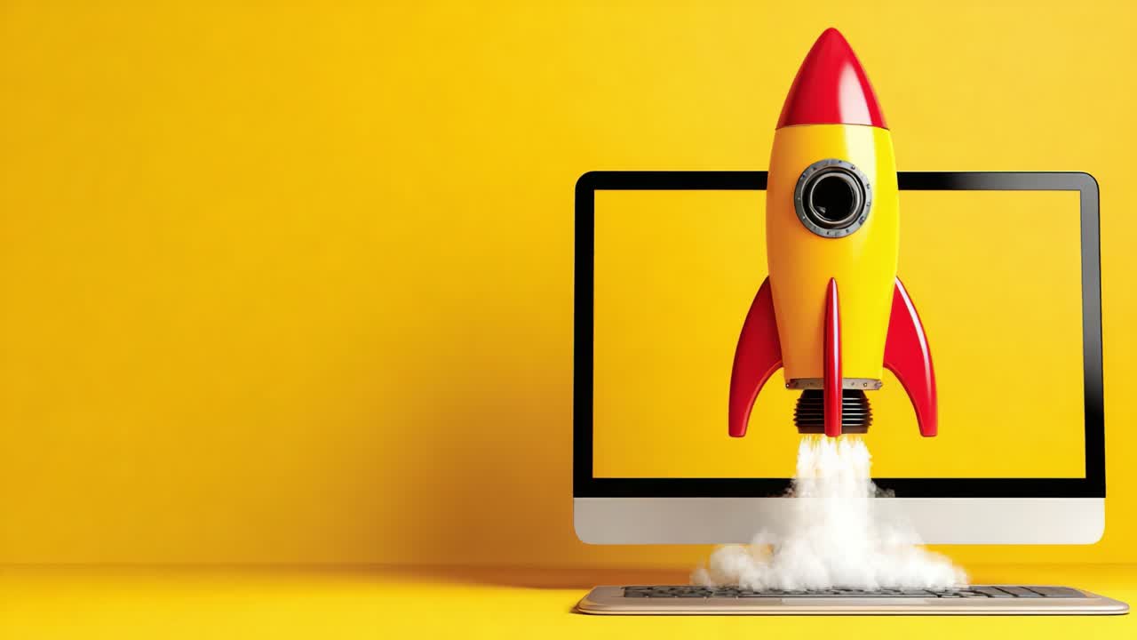 A vibrant rocket launching from a computer screen, symbolizing innovation and creativity in technology, capturing the essence of digital transformation and progress