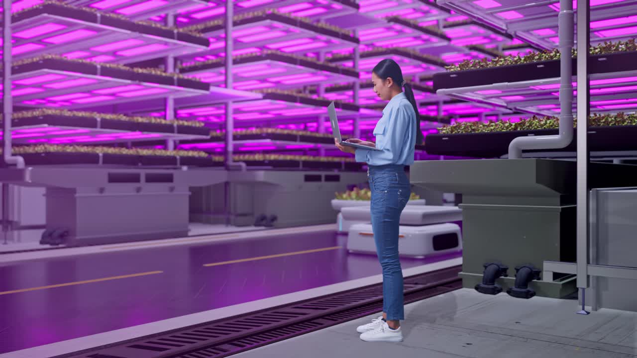 Woman working on a laptop in a futuristic vertical farm