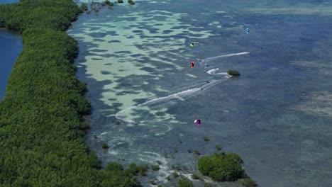 aerial view of kiteboarding in a tropical bay