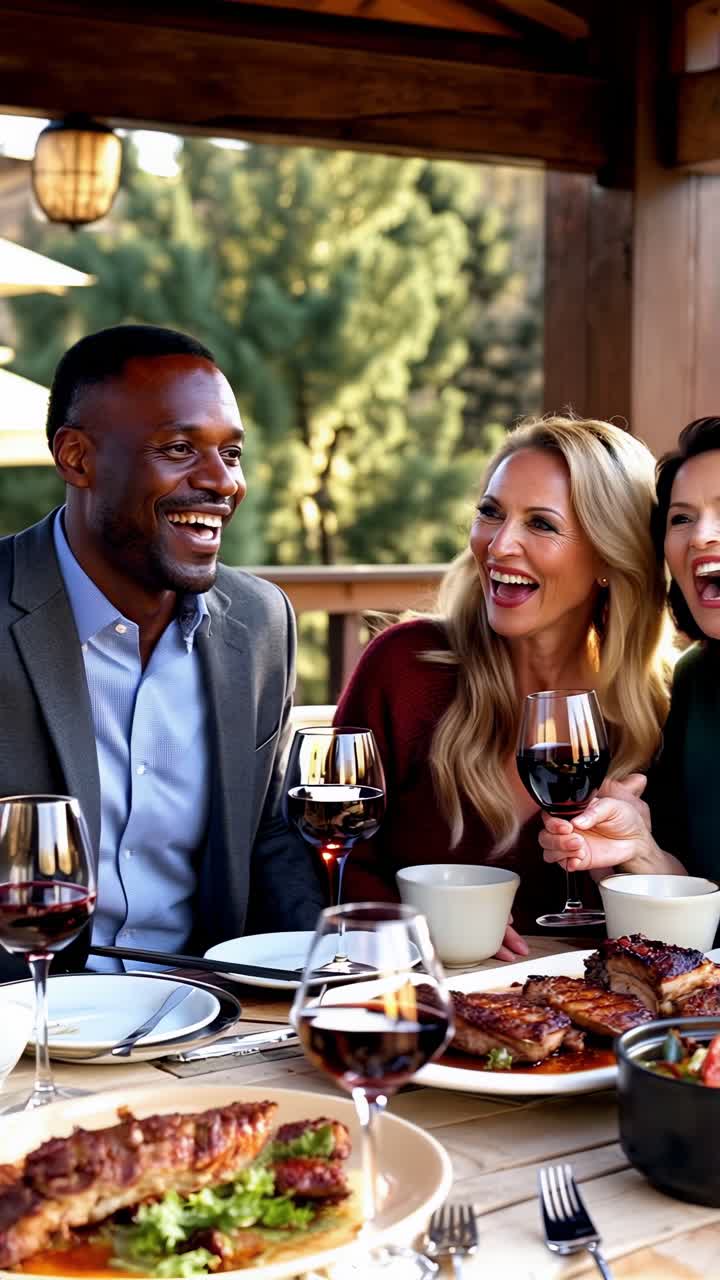 A man and woman are sitting at a table with wine glasses and plates of food