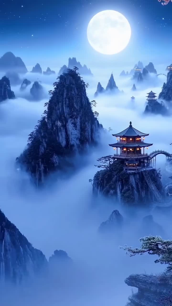 Video aereo di montagne nebbiose con pagode sotto una luna piena, che cattura una bellezza serena