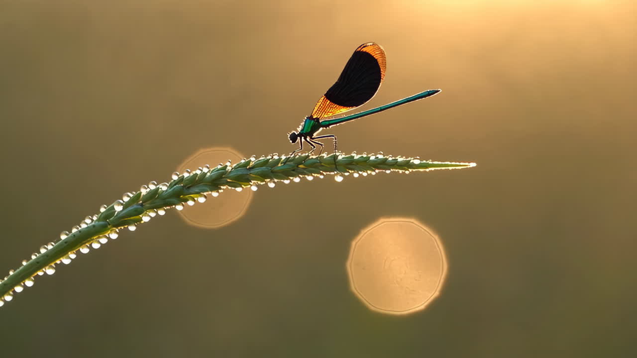 Damselfly on grass with dew drops at sunrise