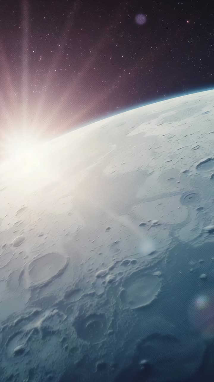 Vertical video: Cratered moon revealing detail in low orbit, rising star lighting limb and flares