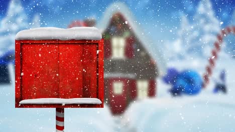 digital animation of snow falling over red wooden sign post against winter landscape