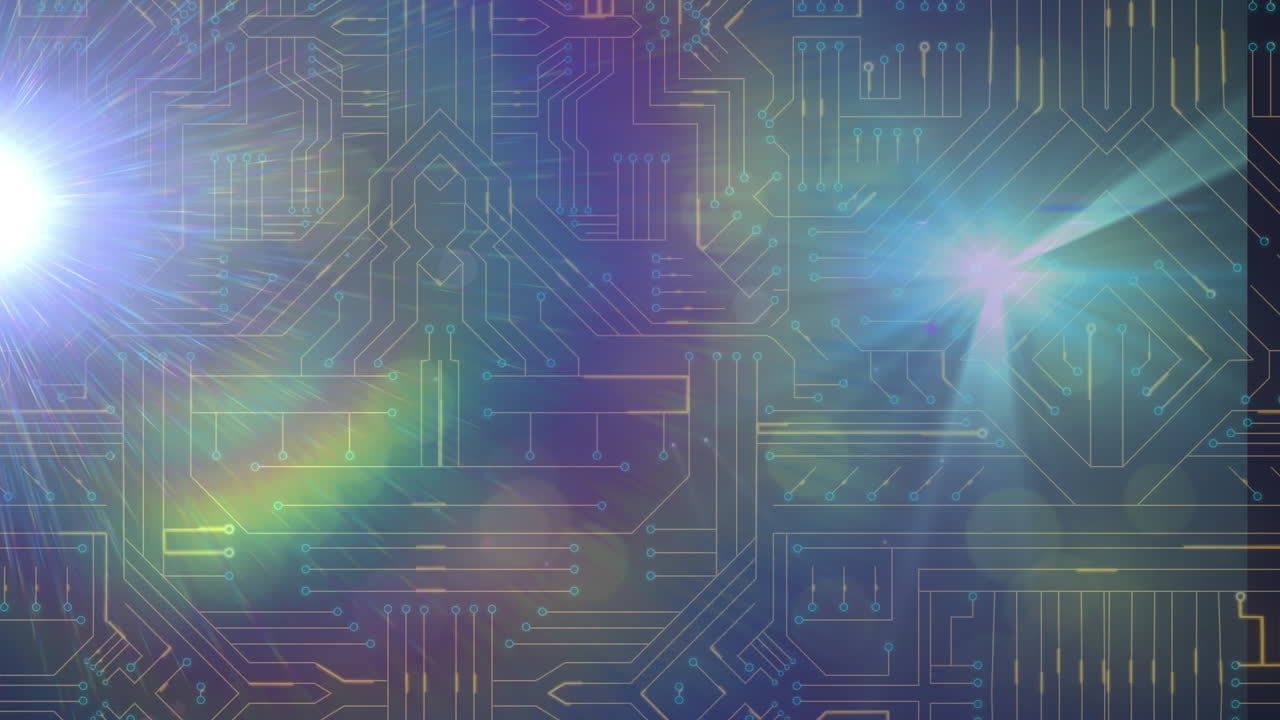 animación de puntos brillantes sobre una placa de circuitos de computadora