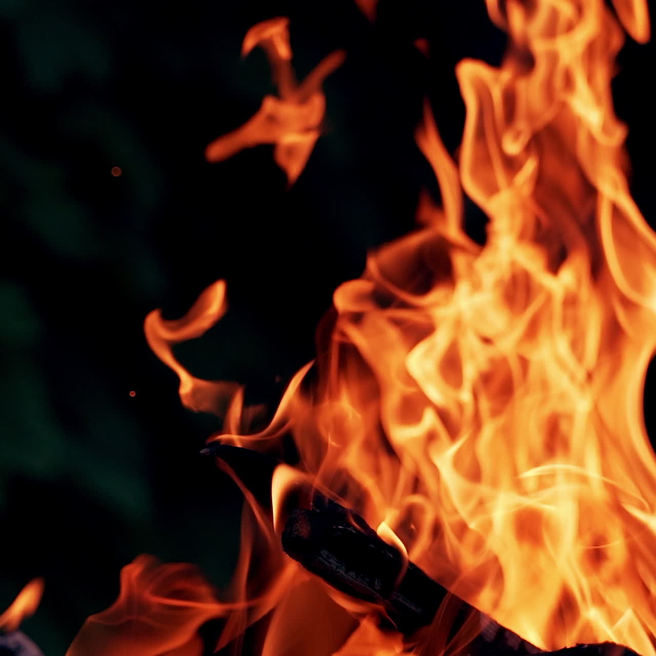 Bright flame from smoldered logs on dark background. Wood burning slowly with orange fire flame. Close-up.