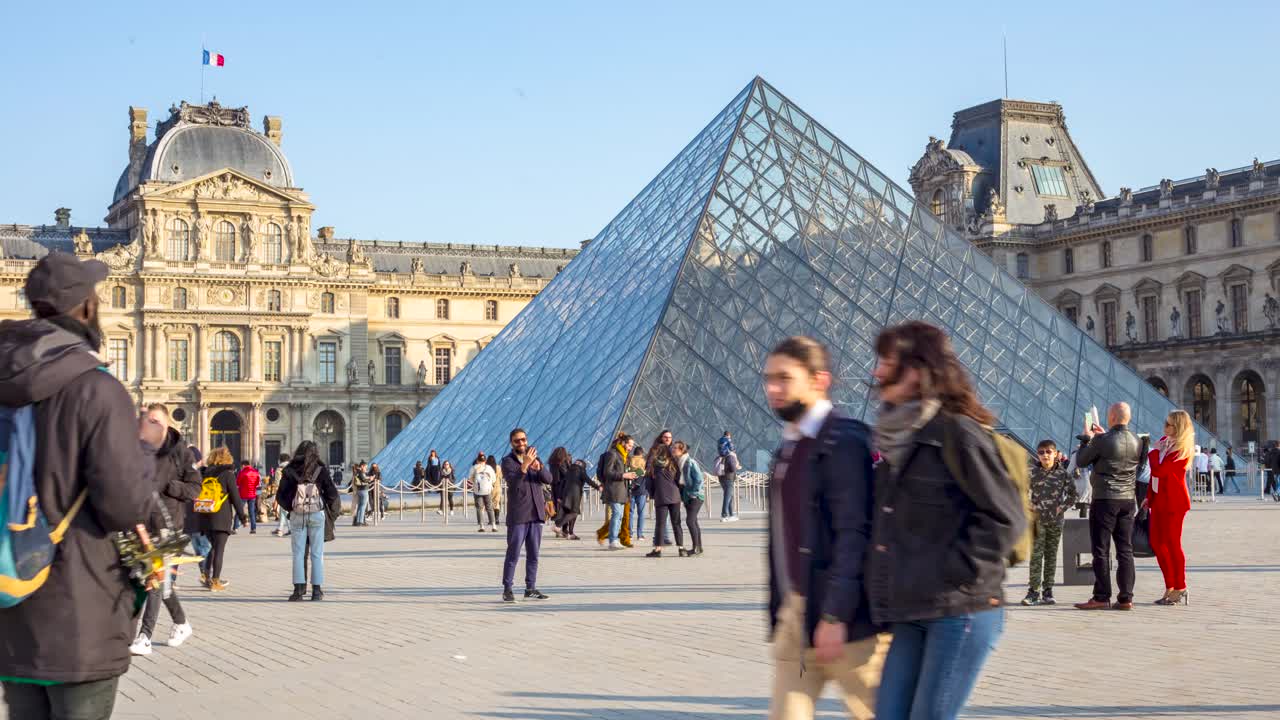 Timelapse of visitors and tourists on the grounds of the Louvre Museum. It is the world’s most-visited art museum, with a collection that spans work from ancient civilizations to the mid-19th century.