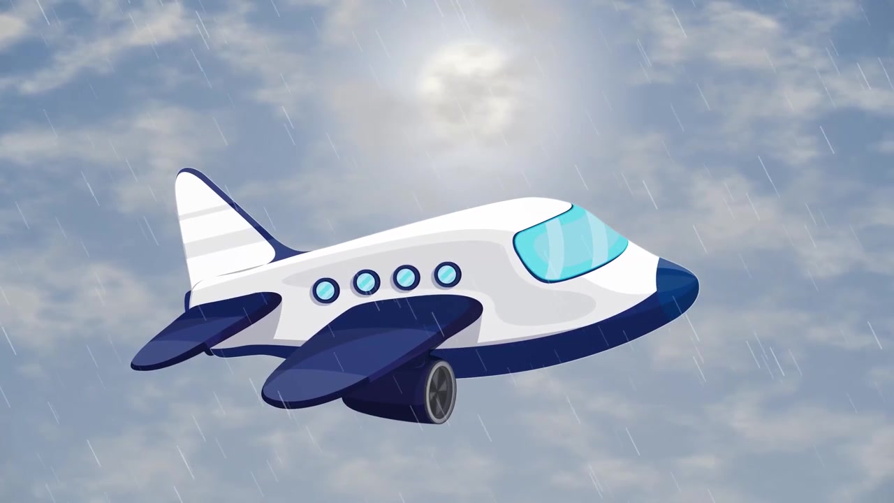 Animazione 2D stilizzata di un aereo bianco e blu che vola attraverso pioggia e nuvole