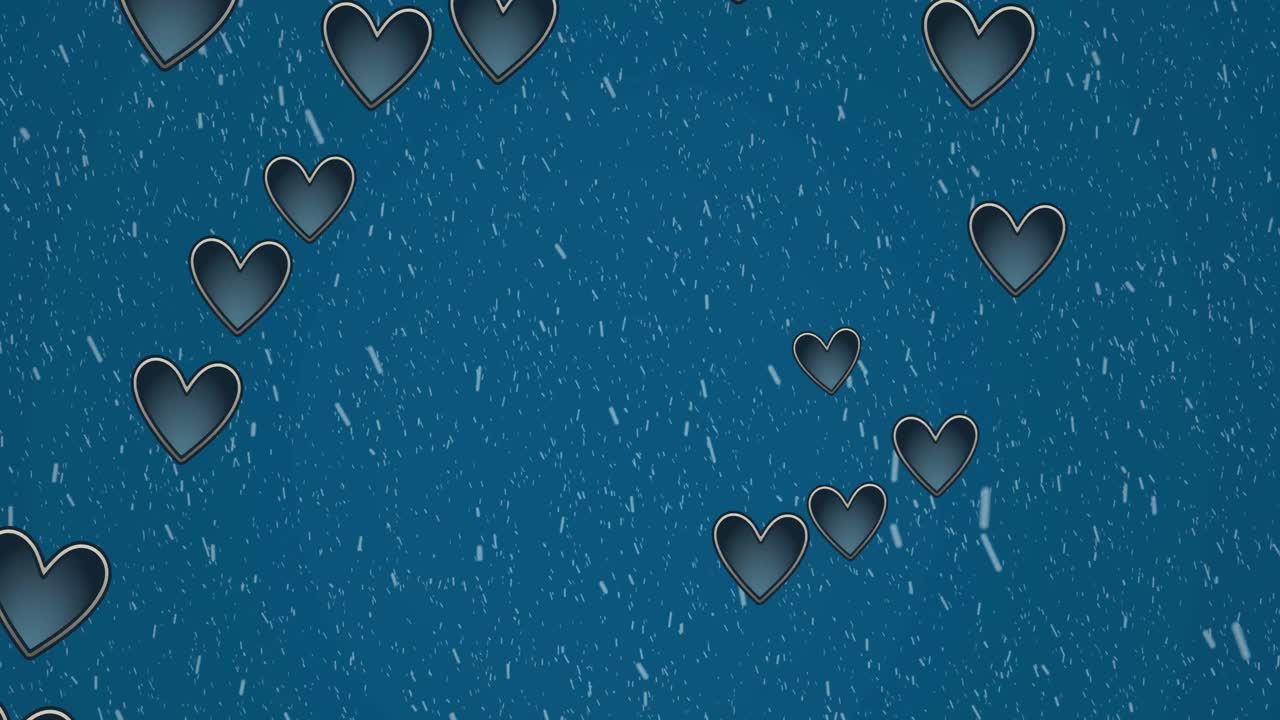 파란색 배경에 떨어지는 눈 위에 움직이는 마음의 애니메이션