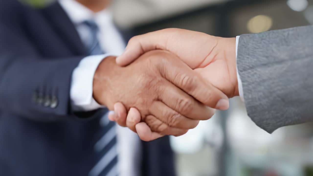 Un apretón de manos profesional que significa acuerdo y asociación entre dos profesionales en un entorno corporativo, enfatizando la confianza y la colaboración.