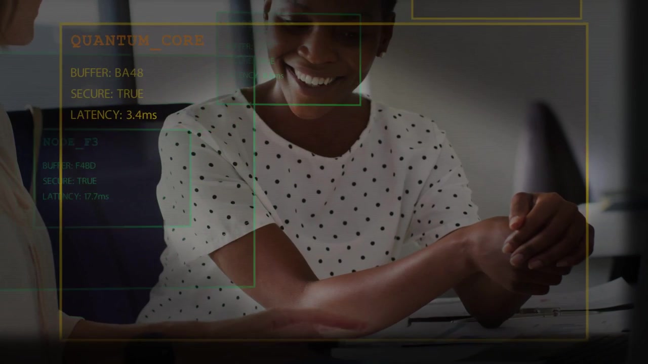 Colleague marking papers with pen, woman pointing at laptop while HUD highlighting business data
