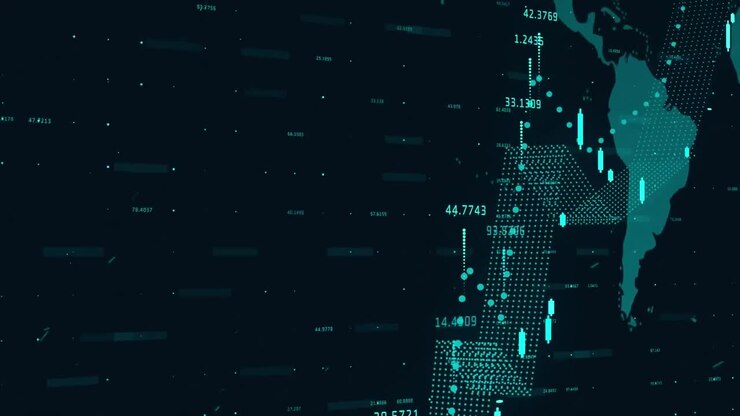 Animation of statistics and data processing over black background