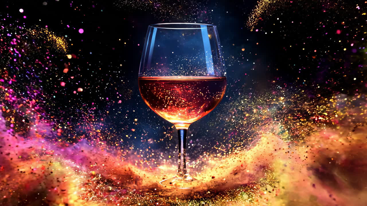 A glass of wine is shown in a colorful explosion of confetti. The wine glass is the focal point of the image, and the confetti surrounding it creates a sense of excitement and celebration