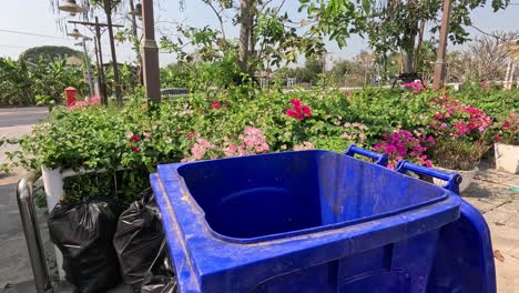 person throwing a plastic bottle into a blue recycling bin