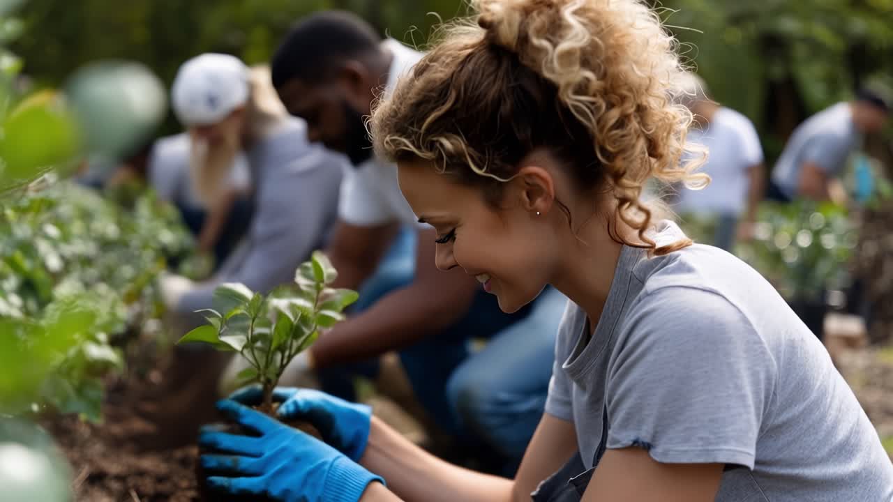 Woman smiles while planting a small green seedling. Group behind her works together in a garden. Hands in gloves gently handle plants. Bright daylight enhances natural, caring mood