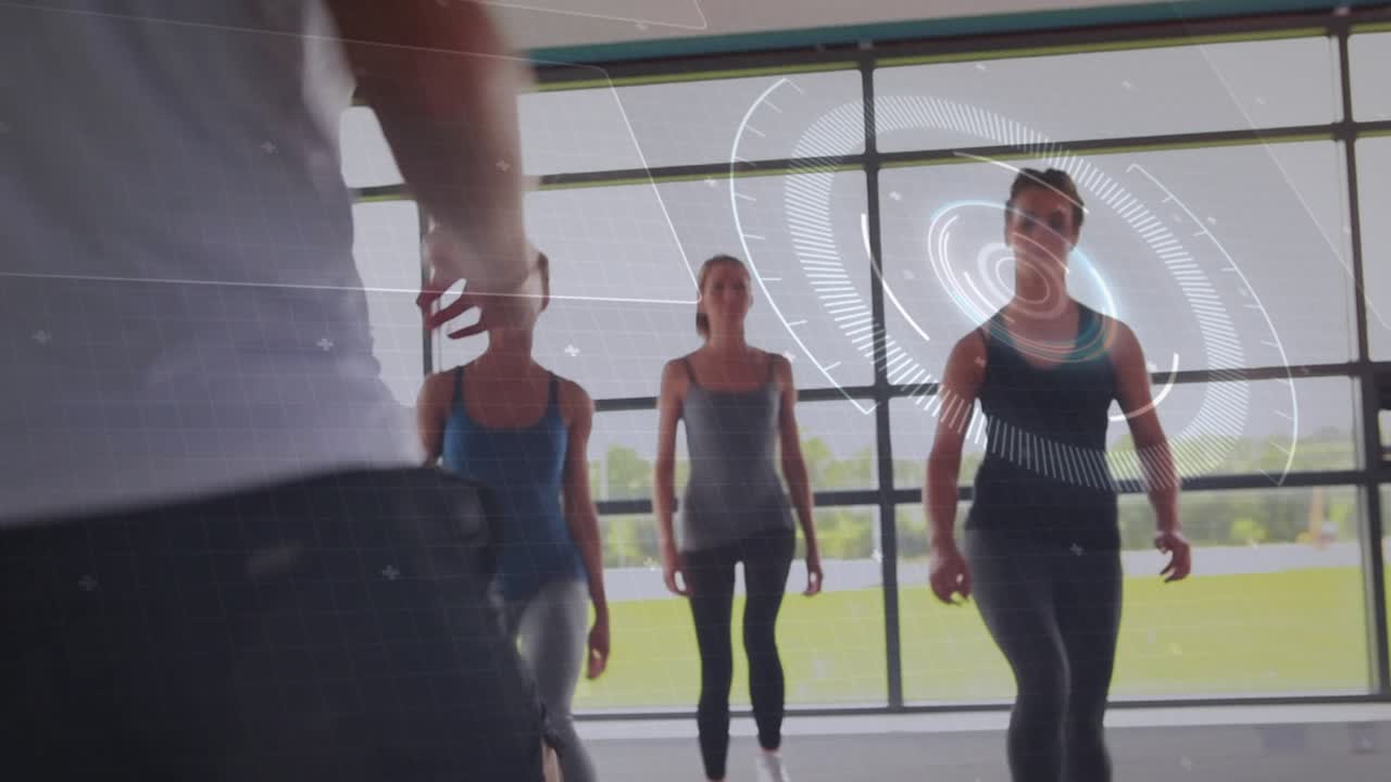 Three female participants following instructor demo, stepping on platforms for fitness, HUD guiding