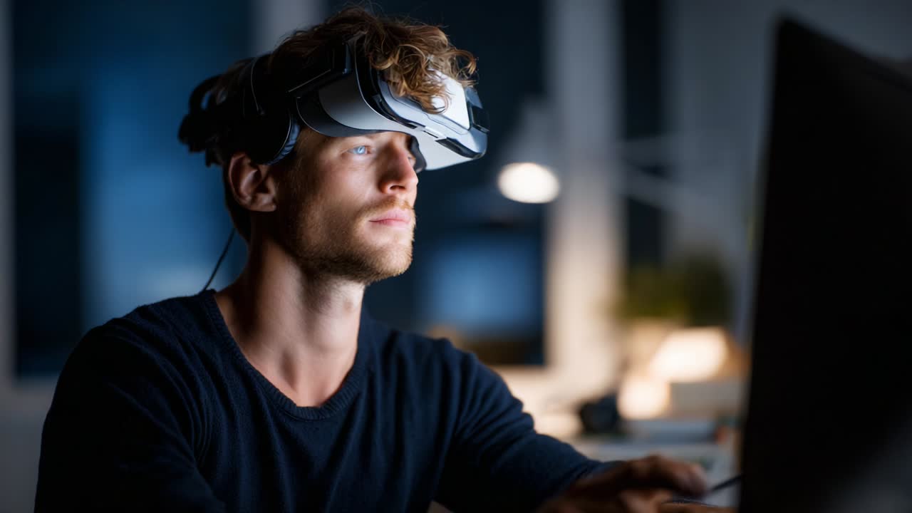 Una persona concentrata interagisce con una tecnologia avanzata, indossando un visore per la realtà virtuale, immersa profondamente in un'esperienza digitale mentre esplora paesaggi immersivi e regni interattivi in un ambiente scarsamente illuminato.