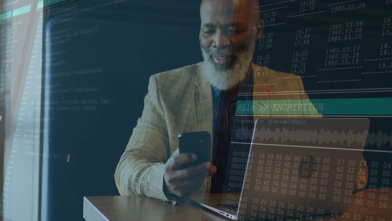 Smiling man using smartphone with data encryption animation over laptop screen