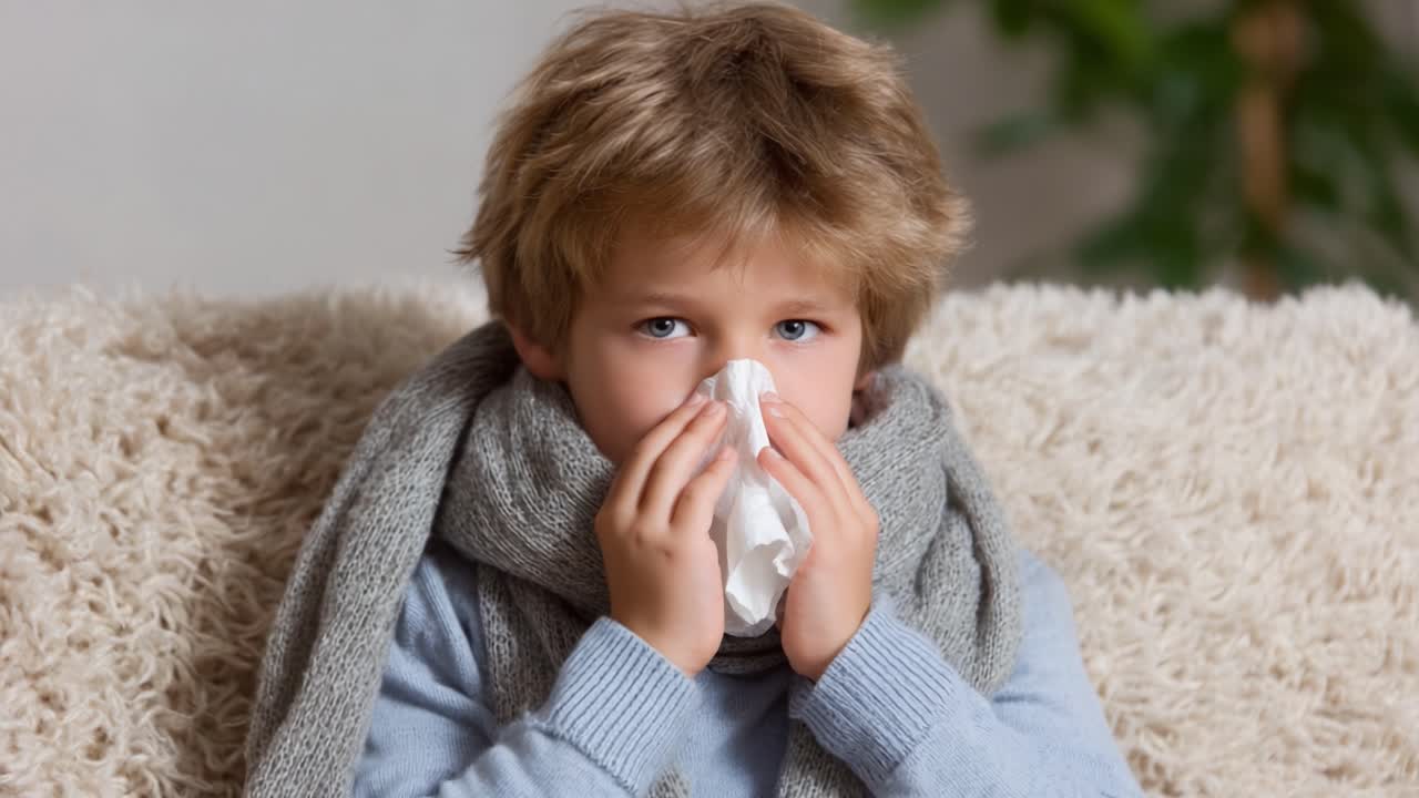 A Young Child with a Cold: Capturing the Moments of Discomfort and Care as He Battles Through Illness While Bundled in a Cozy Scarf on a Plush Couch