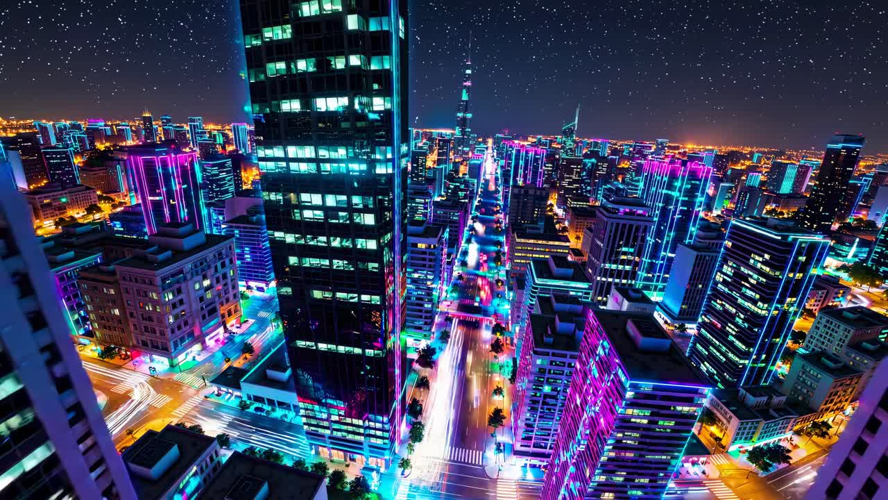 밤에 미래의 네온 도시