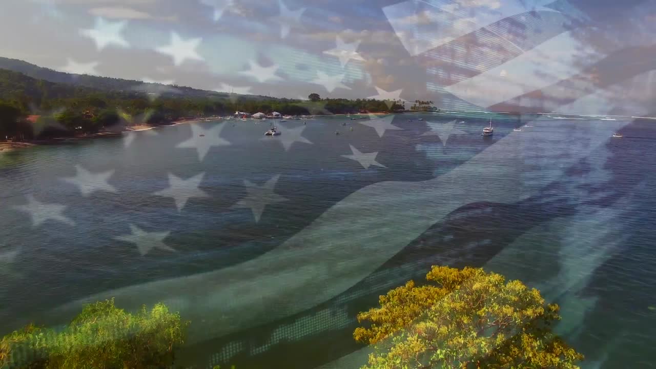 animación de la bandera de los estados unidos ondeando sobre el paisaje marino