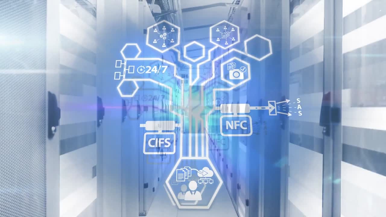 아이콘과 연결의 네트워크, 데이터 처리 및 서버에서 디지털 정보의 애니메이션