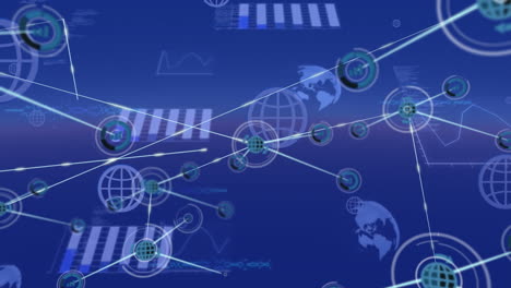 Animation of network of digital icons and statistical data processing on blue gradient background