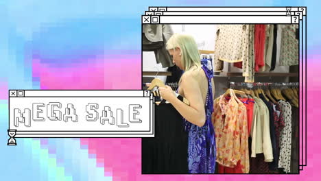 animation of mega sale in white text in stacked window, with two women clothes shopping in store