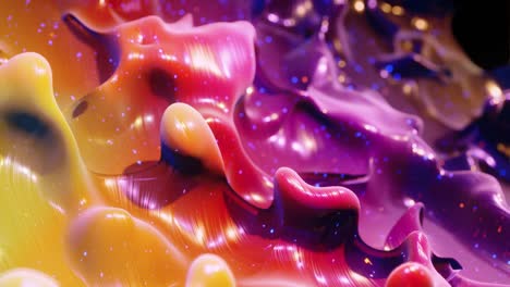 een gladde abstracte animatie van vloeibare gradiënt geel oranje rood in 4k. helder glanzende verf oppervlak als abstracte lus feestelijke achtergrond. glitter op viskeuze vloeistof 3d splashes op het oppervlak als druppels.