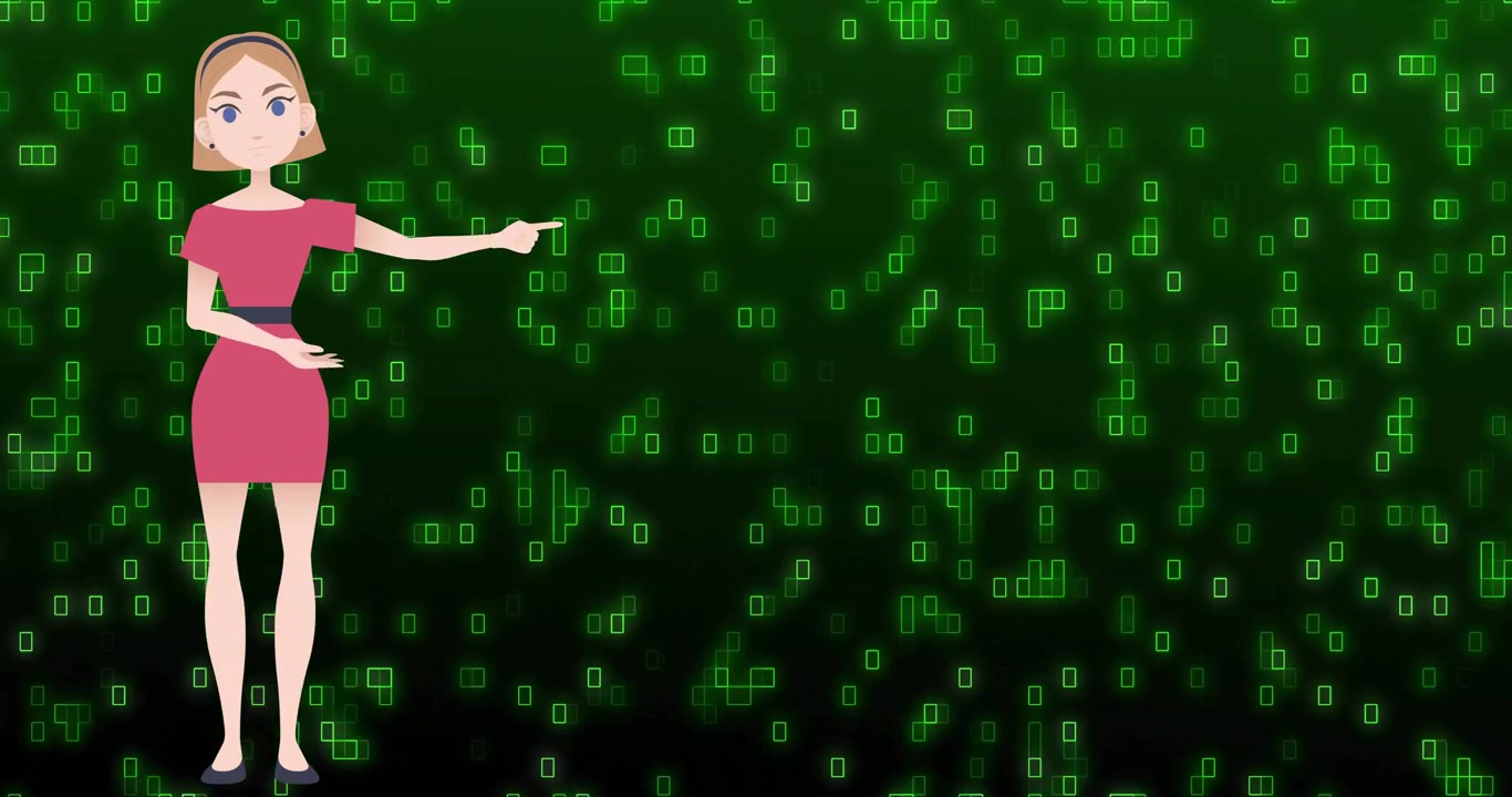 Animation of illustrative female representation and binary codes over green background