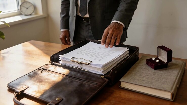 Man in suit pressing clipped documents into leather briefcase on wooden desk, AI-generated