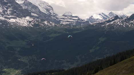 slow tracking shot of paragliders in grindelwald valley