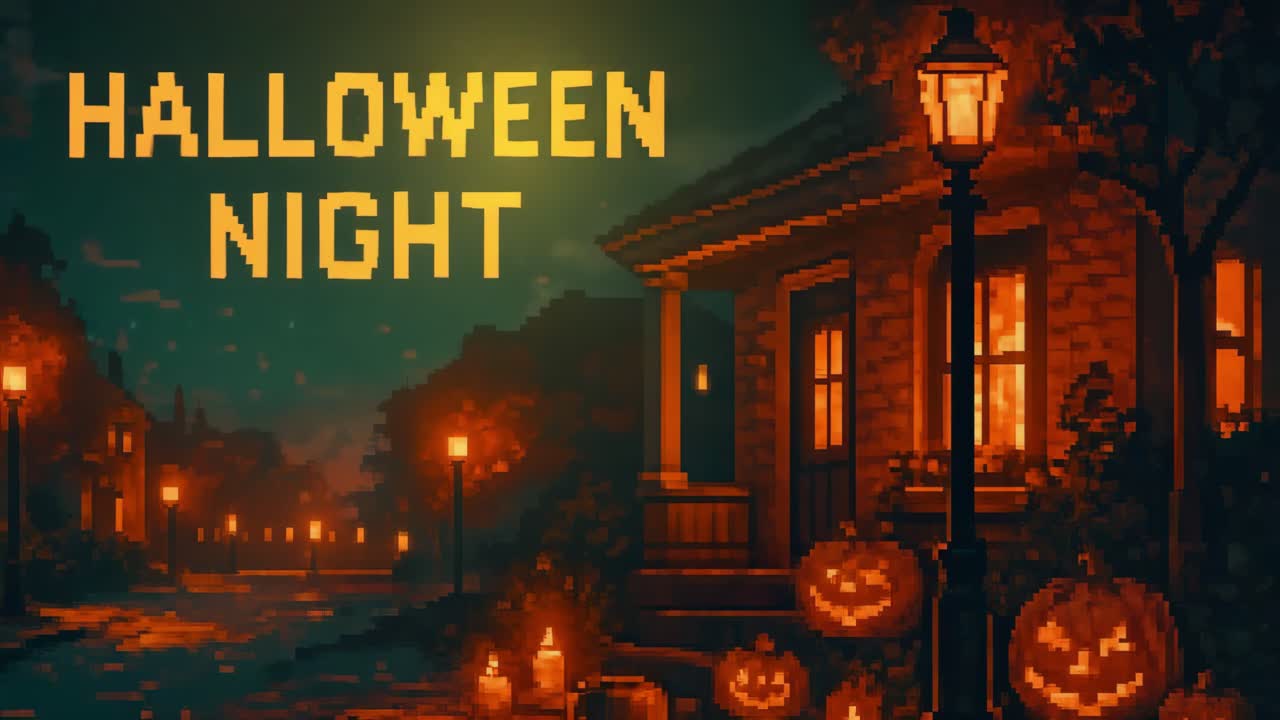 Scena notturna di Halloween con zucche intagliate luminose, lampioni illuminati e una casa accogliente, che crea un'atmosfera incantevole di festa e mistero.