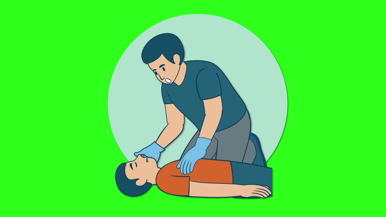 Medical responder checks unresponsive person’s response before CPR, animated sequence, green background, flat style