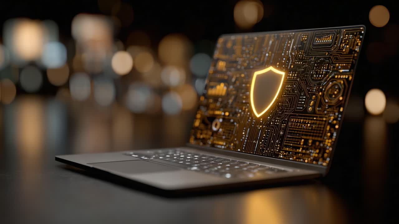 A modern laptop featuring a vibrant graphic of a shield symbol against a backdrop of intricate circuitry, representing digital security and protection technology