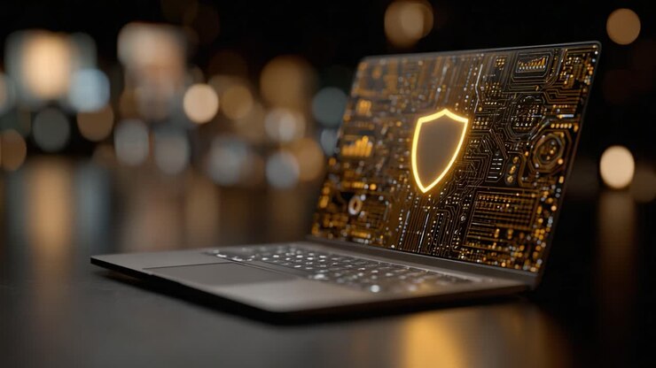 A modern laptop featuring a vibrant graphic of a shield symbol against a backdrop of intricate circuitry, representing digital security and protection technology