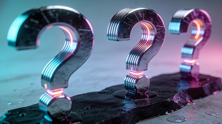 Shifting three chrome question marks during camera shift in studio, glowing neon