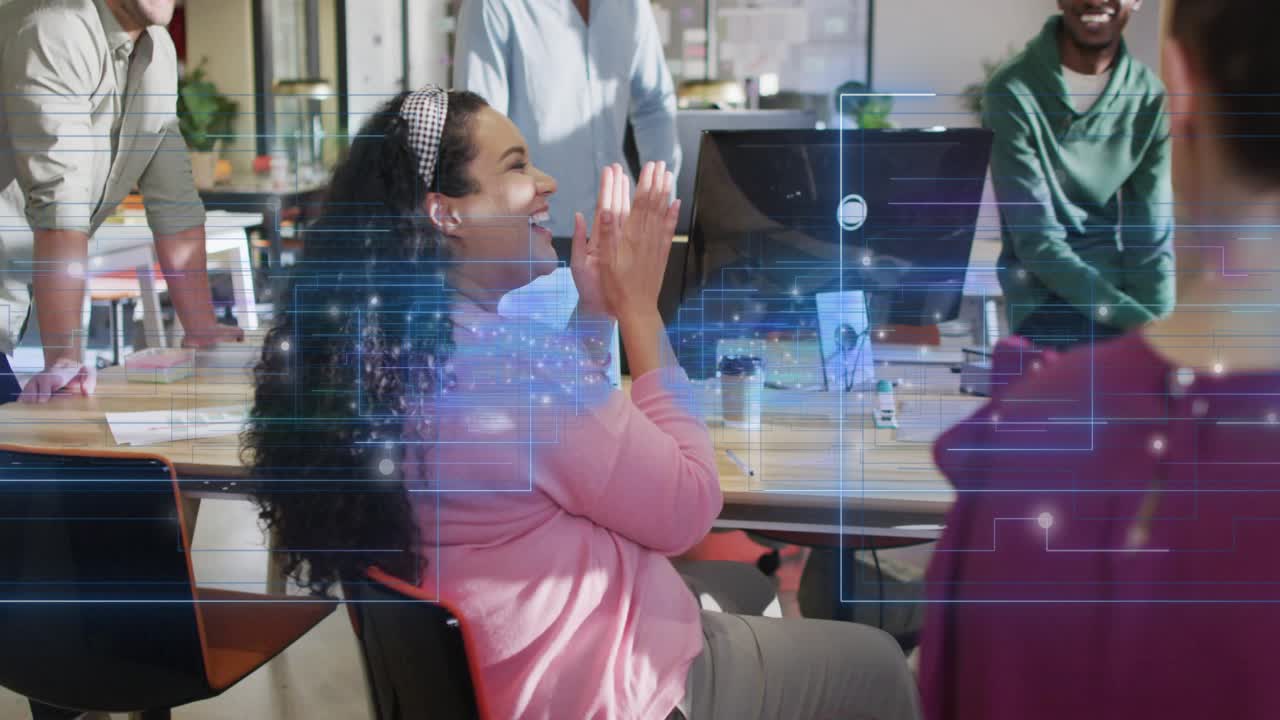 Presenter opening folder and presenting tech update seeking team approval, holographic UI on tablet