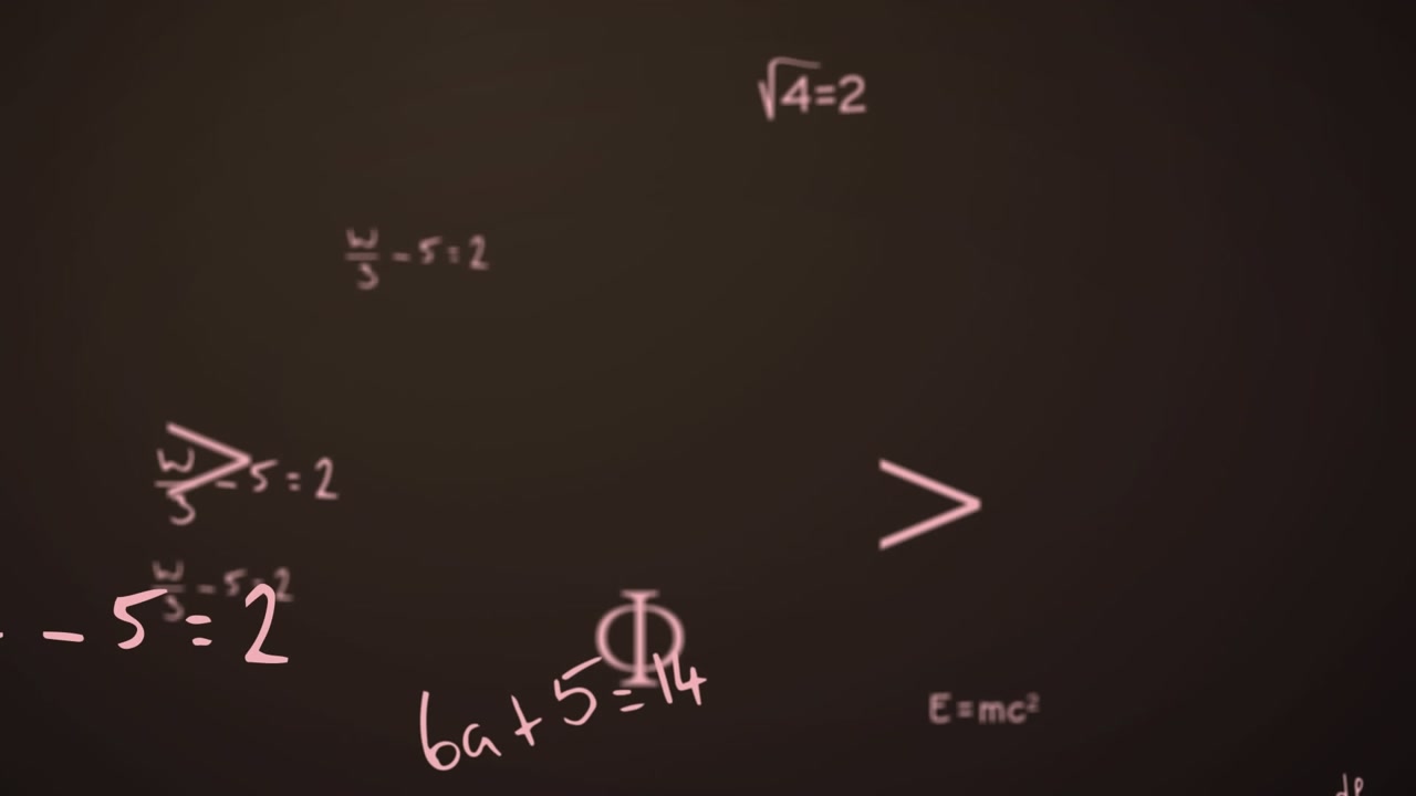 Animation of changing white numbers and red letters and moving school items on black background