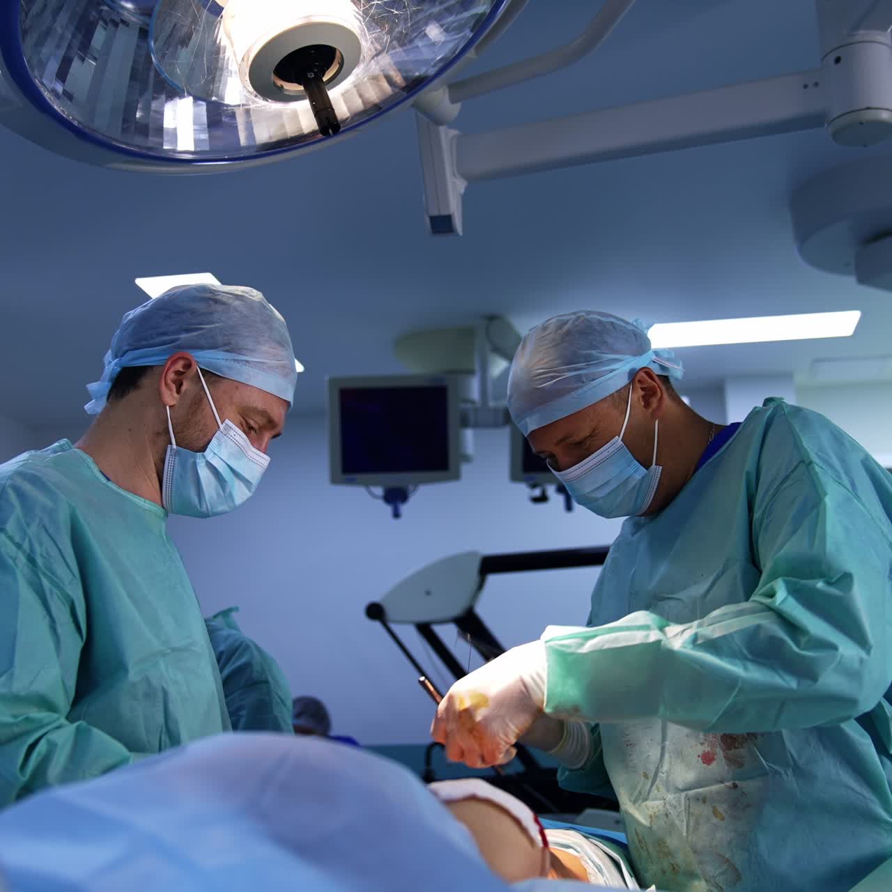 Two cooperating surgeons performing breast implantation surgery in modern clinics. Doctors finishing the procedure sewing the patient