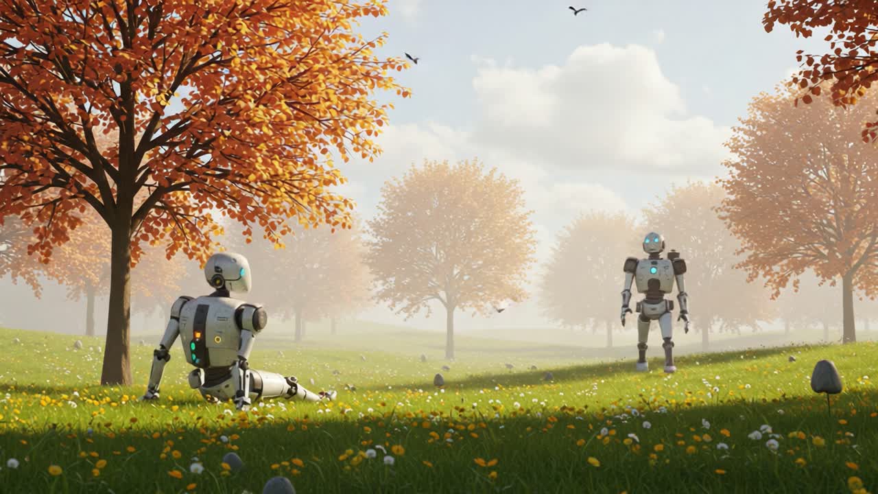 Exploring a Serene Autumn Landscape: Robots Interacting Amidst Vibrant Trees and Gentle Breezes Under a Clear Sky