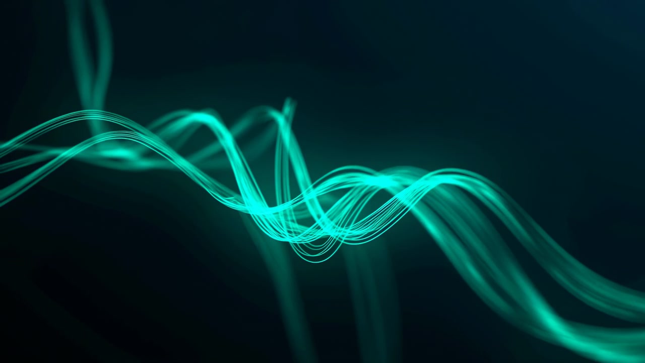 Abstract teal light trails sweep through deep dark space in layered wave ribbons with soft blur, luminous glow, strong contrast, futuristic digital mood, and minimal wide composition filled with