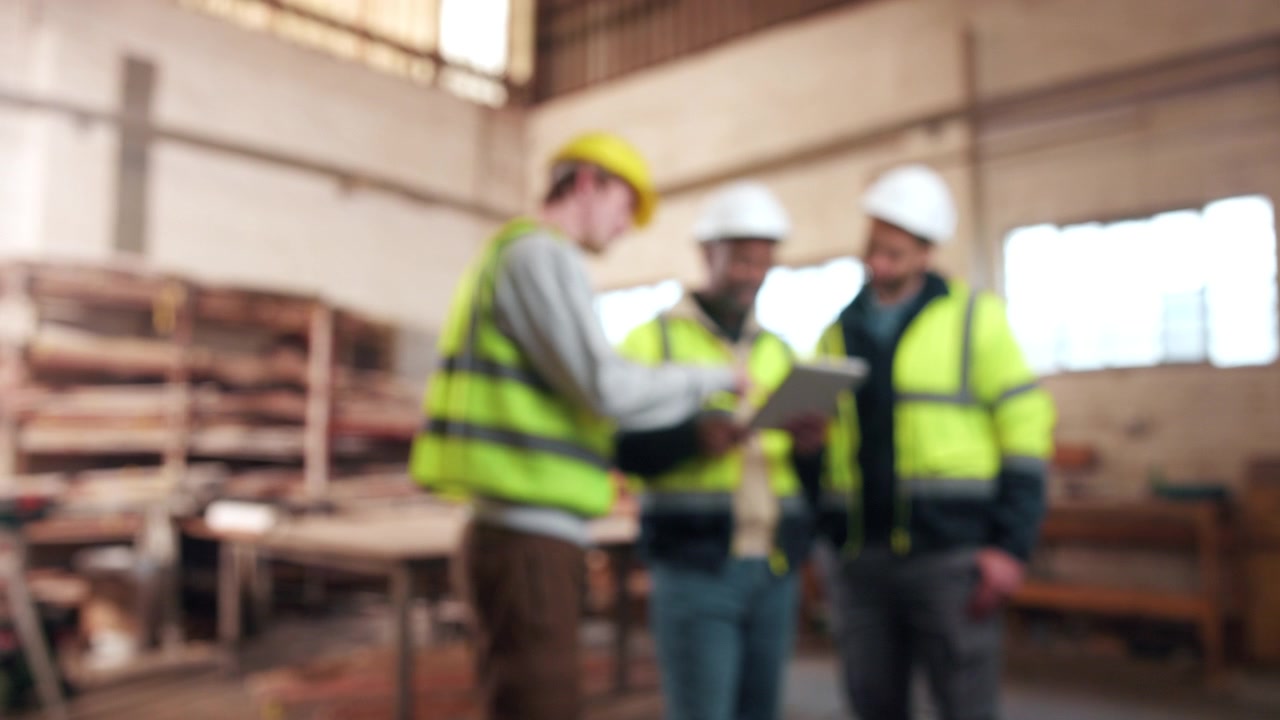 Construction Workers Discussing Project Plans on Tablet in Workshop